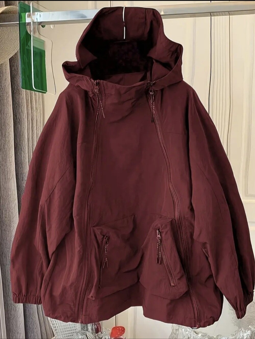 Women'S Cape-Style Hooded Coat, Long Sleeve, with Drawstring, Double Zipper Deta